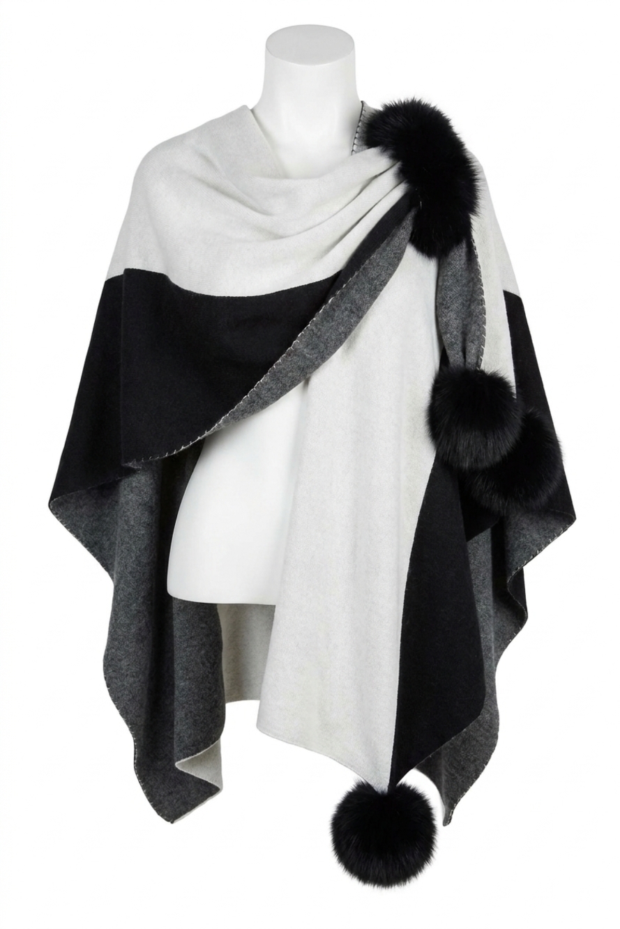 NEW JOSEPH RIBKOFF tamara two-tone poncho with faux fur pom poms in black and va